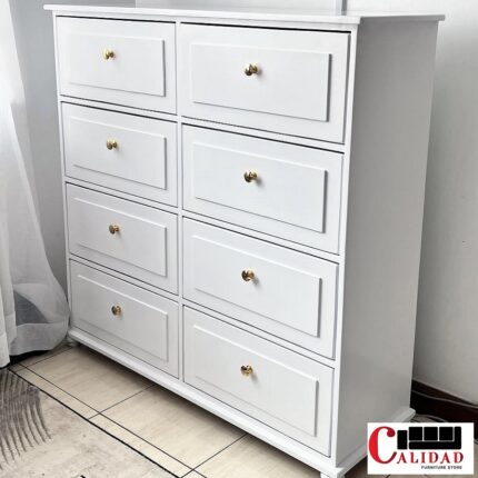 Shop Ricardo Chest of Drawers in Kenya. With eight spacious drawers, and a brilliant white finish, this elegant storage solution adds timeless charm